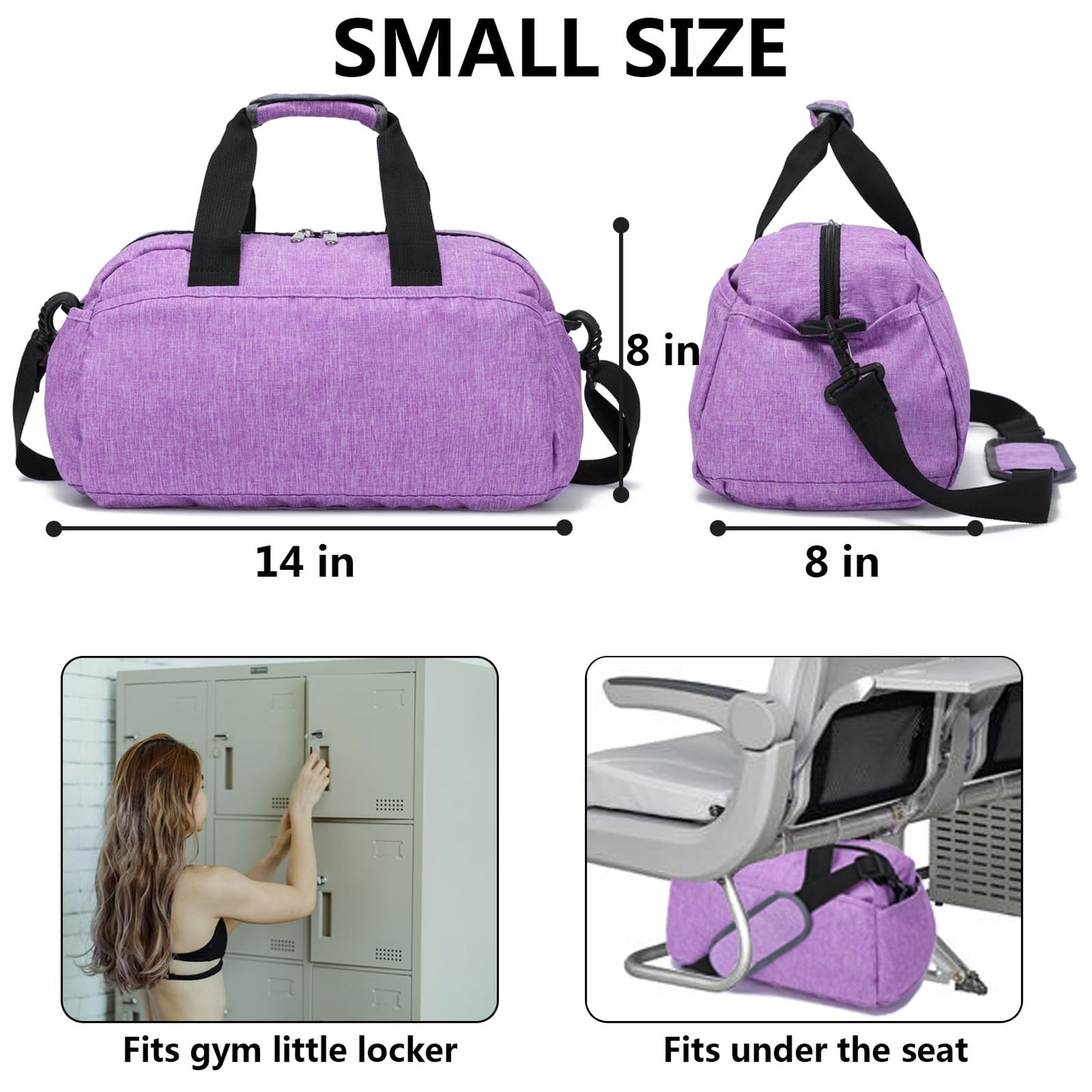 14 inch Small Gym Bag for Women & Men, Mini Duffel Bag for Travel Sports Lightweight Carry On Bag, Light Purple