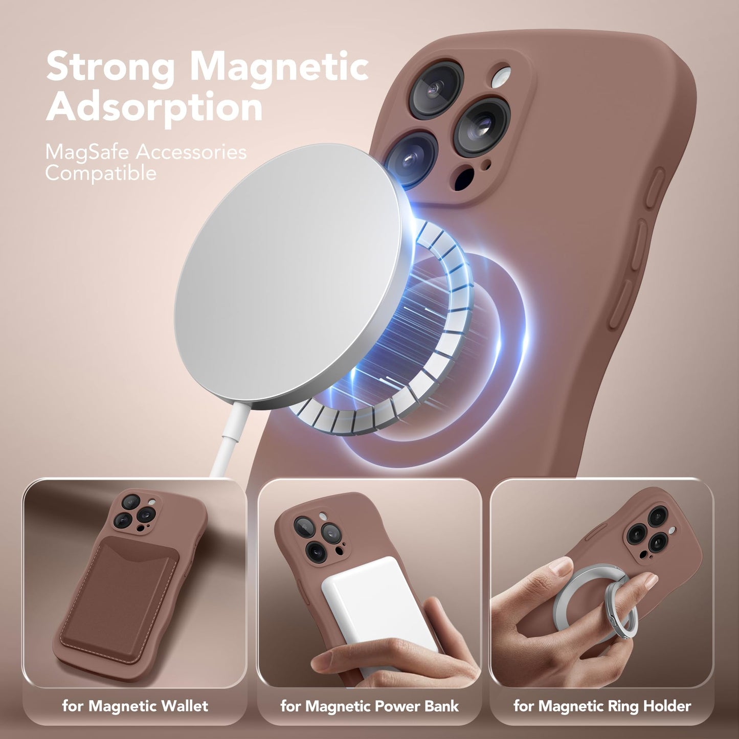SuydanBox Magnetic for iPhone 15 Pro Max Case, [Full Camera Protection][Compatible with MagSafe] Cute Wave Frame Silicone Shockproof Protective Phone Case for iPhone 15 Pro Max 6.7",Brown