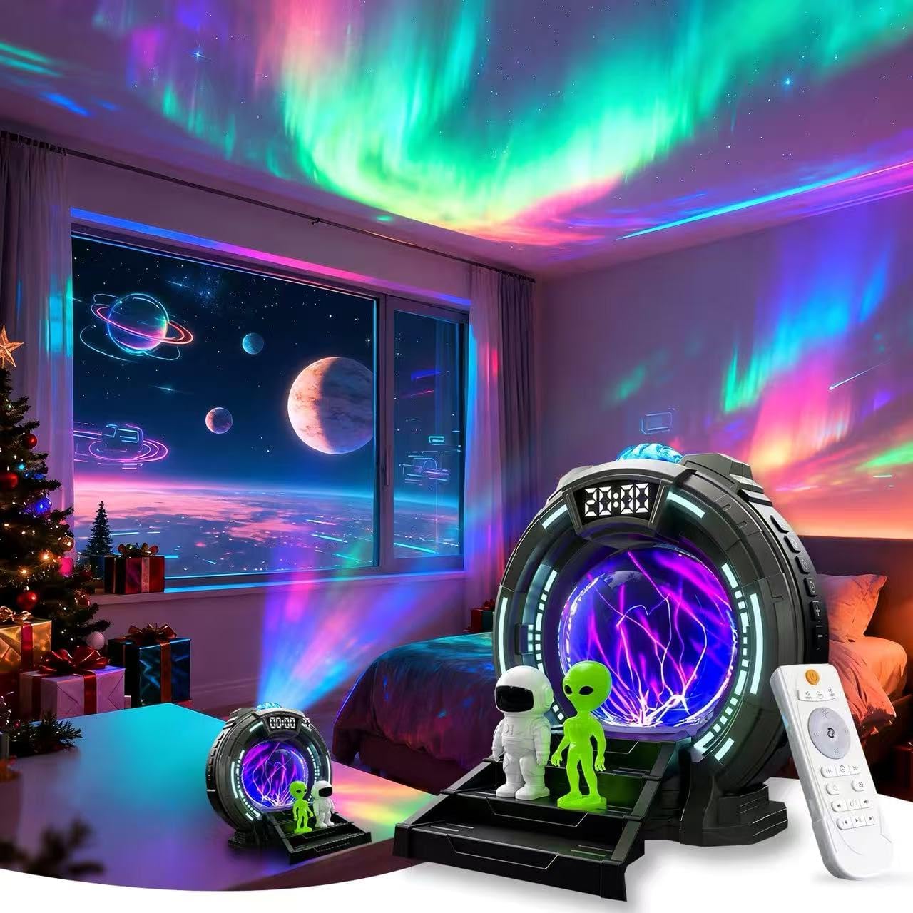 Roujune Galaxy Projector with Plasma Ball, 8 Aurora Lights, White Noise Machine, Bluetooth Speaker, Timer Alarm Clock, Remote Controlled Night Light for Bedroom, Kids/Adults, Party