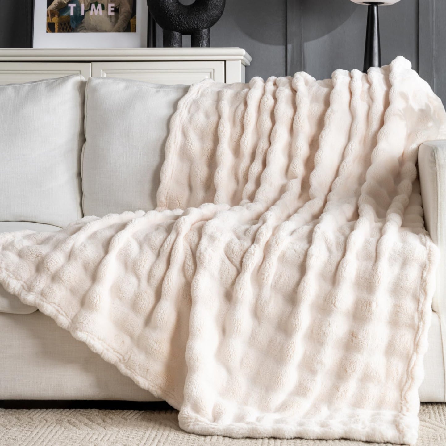 Off White Faux Fur Throw Blanket for Couch, Soft Fluffy Bubble Blanket for Bed Sofa, Thick Warm Plush Fuzzy Rabbit Fur Blanket for Fall and Winter, 50"X 60"