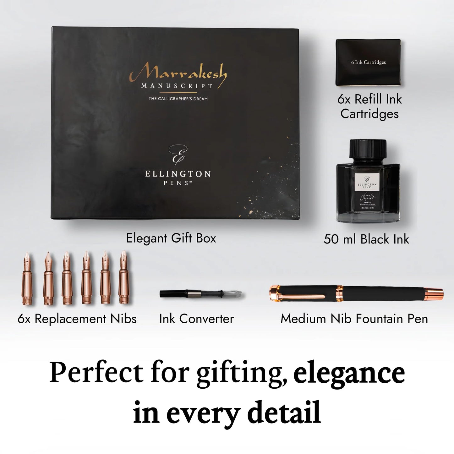 Ellington Pens Luxury Calligraphy Set - Premium Fountain Pen with 6 Nibs, 50 ml Black Ink Bottle, 6 Cartridges, Converter, Elegant Gift Box – Perfect for Drawing, Writing, Gifting (Midnight Rose)