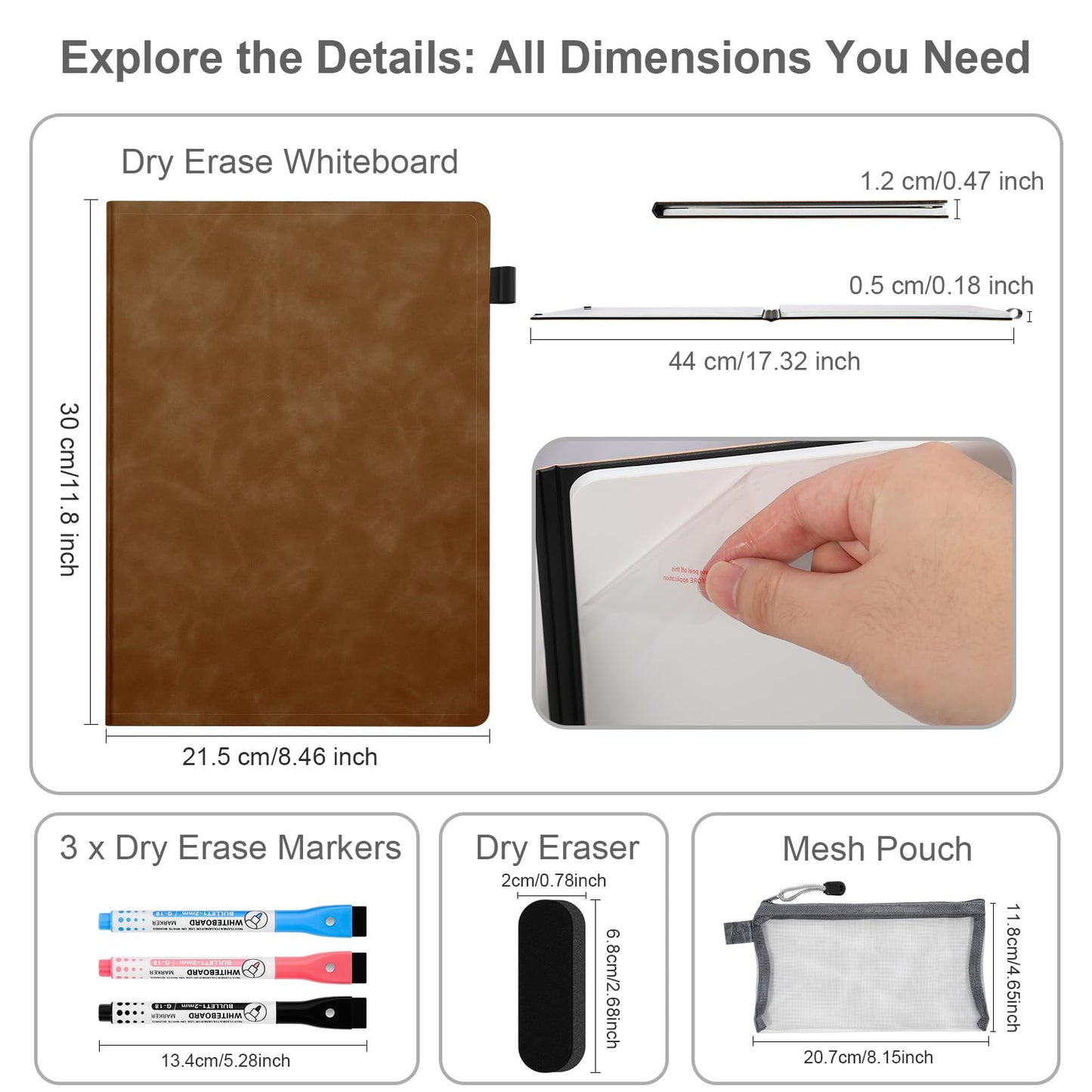 AGM Portable White Board Dry Erase Notebook, 12" x 9" Double Sided Folding Whiteboards with 3 Pens, Small Travel Dry Erase Board Skin-Friendly Material for Study, Meeting, Planning, Brown