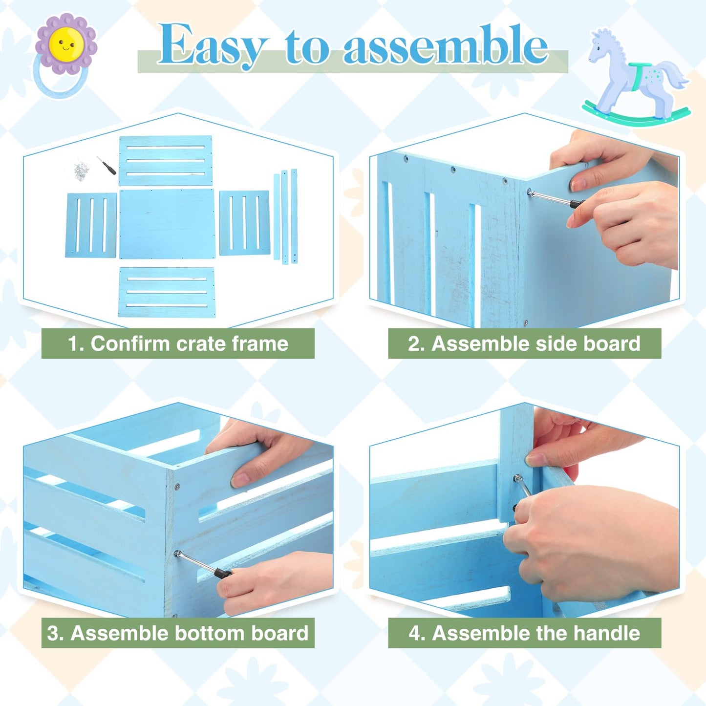 Suzile Wooden Baby Shower Crate Closet Wood Basket for Gifts with Handle Boy Girl Clothes Gender Reveal Storage Box for Newborn New Parent(Blue)