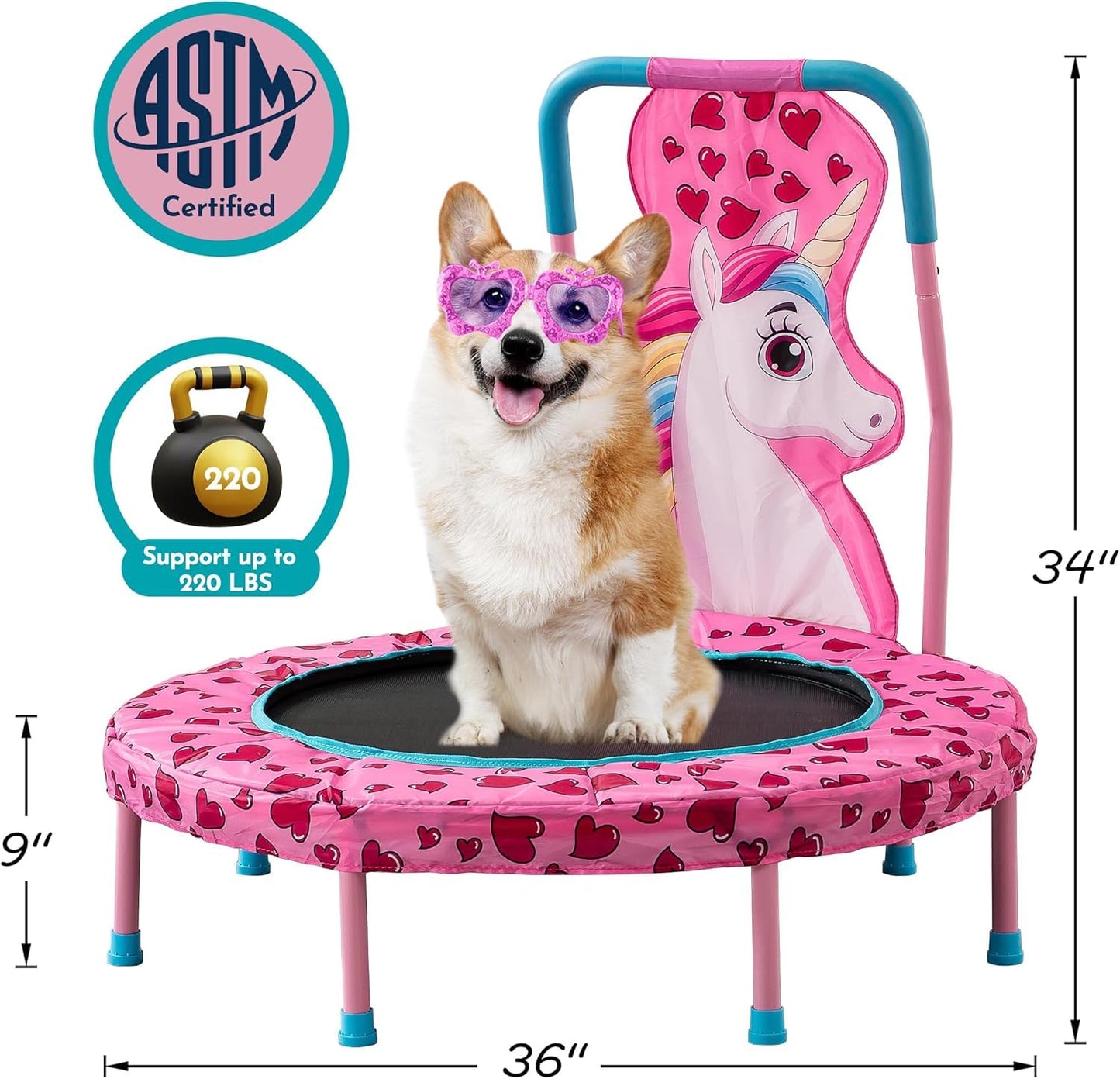 Maotifeys No-Gap 36" Mini Trampoline Toddler Trampolines with Handle for Kids, 36 inch Indoor Garden Small Kid Trampoline Baby Trampolines with Super Safe Cover for Toddlers Ages 2 to 5, Unicorn