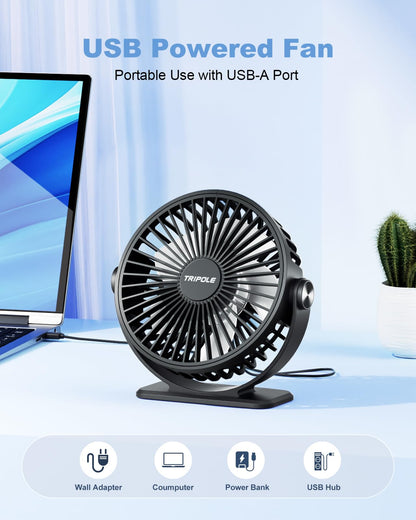 TriPole Desk Fan 2 Pack Black USB Powered Small Portable Fan, 3 Speeds Adjustable Strong Breeze Mini Personal Fan, 360° Rotation Quiet Plug In USB Fan for Desktop Bedroom Office Table Travel, 4.5in