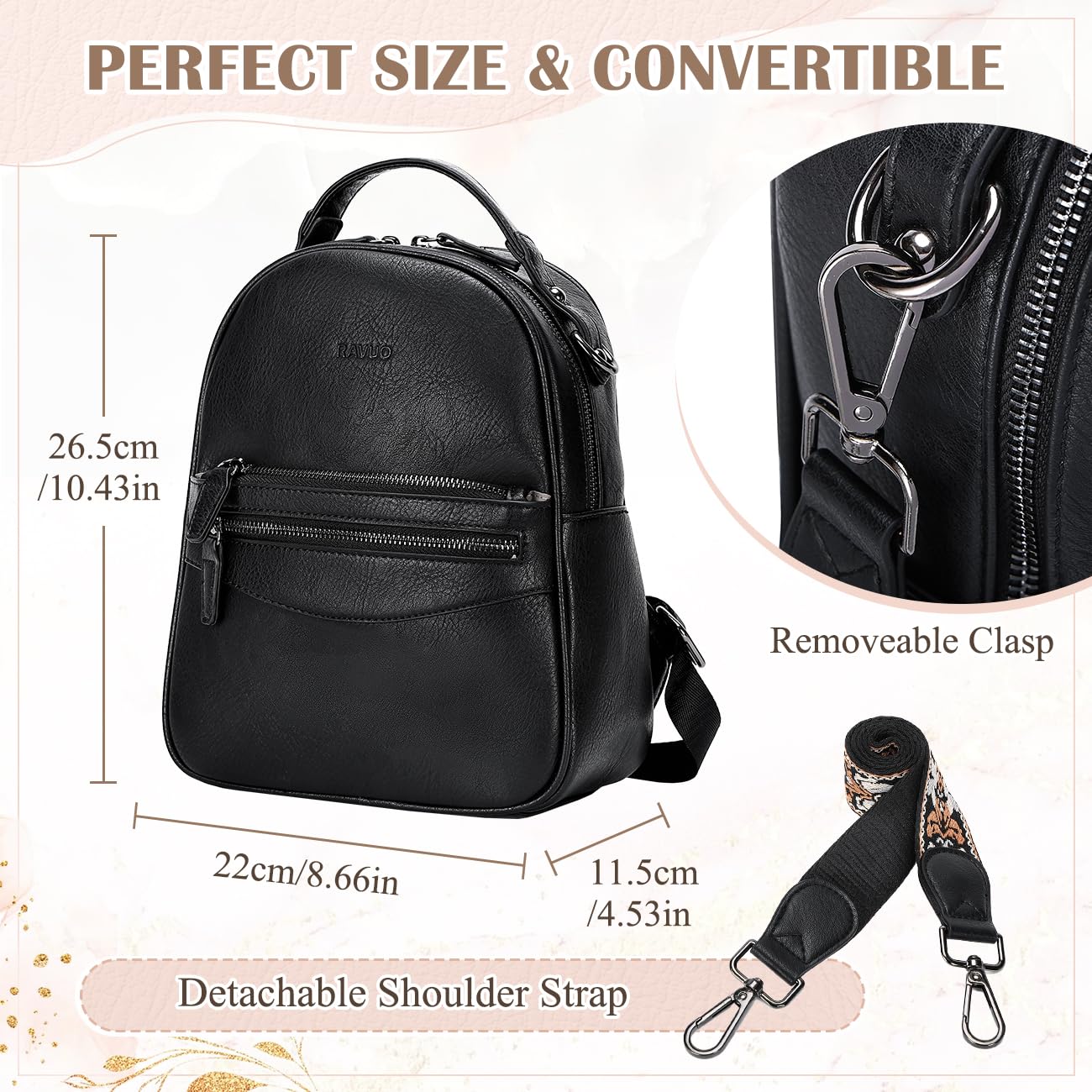 RAVUO Mini Backpack for Women, Small Leather Backpack Purse Fashion Handbag Convertible Ladies Trendy Shoulder Bag for Work,Travel,Black