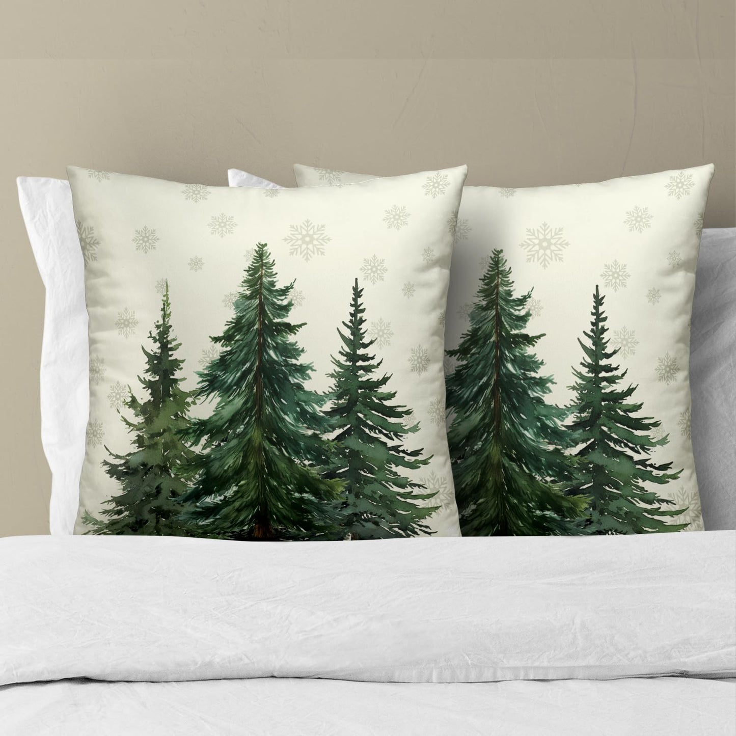Green Christmas Tree Pillow Covers 16x16 In, Winter Nature Birch Forest Snowflake Throw Pillows Cover Farmhouse Decorative Pillow Case for Couch Bed Sofa Outdoor Patio Decor