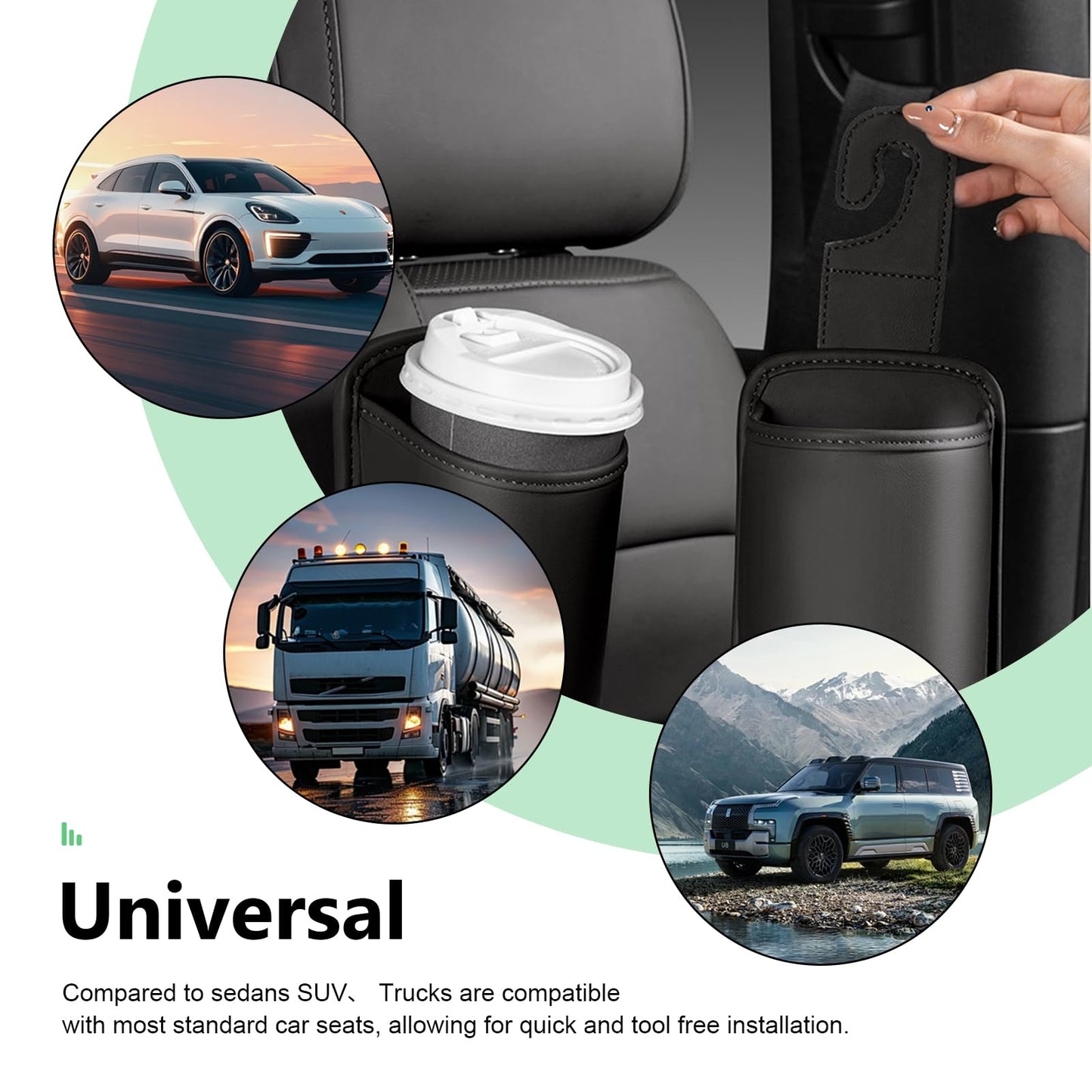 Heyzidu 2 PCS Leather Car Cup Holder, Spill-resistant Headrest Cup Organizer, Door Side Multi-functional Hooks Storage Bag for Water Bottles Phones Keys, Universal for Most Vehicles (Black)
