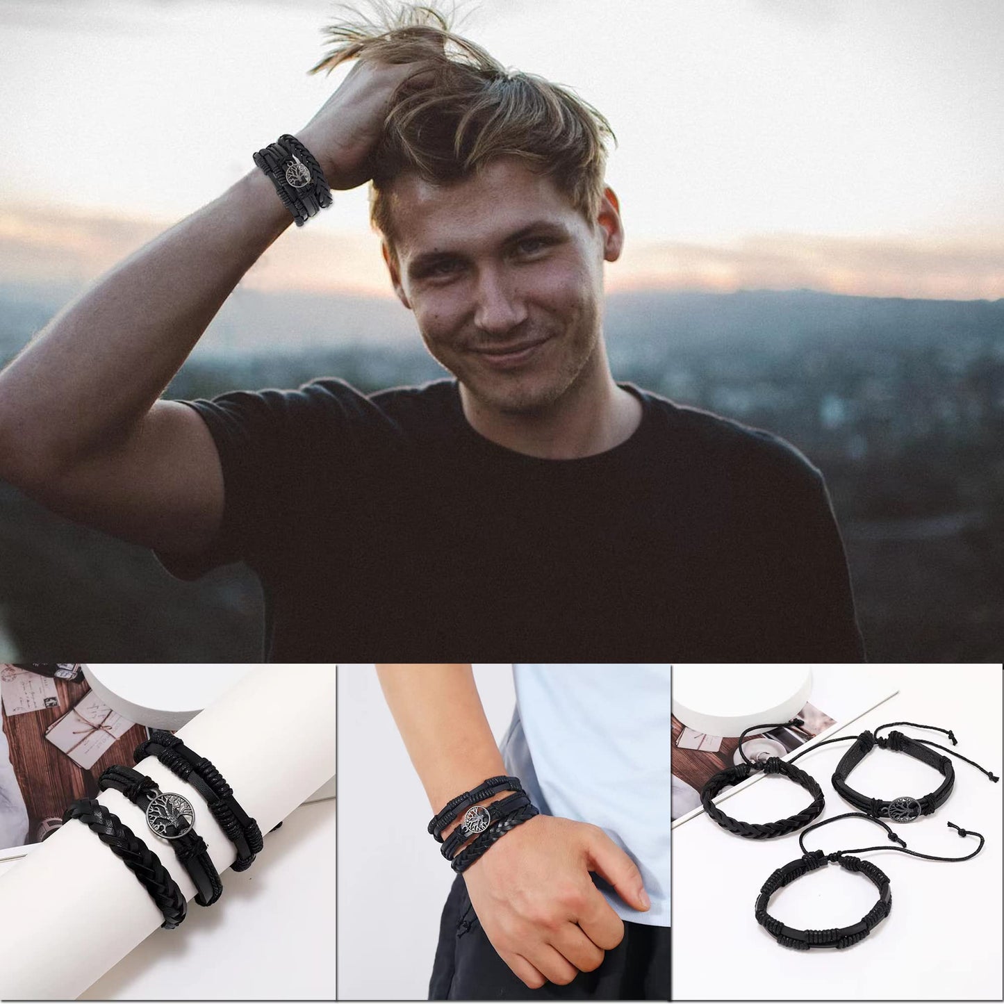 MOZAKA 36Pcs Braided Leather Bracelets for Men Women Handmade Wrap Woven Cuff Bracelets Wooden Beaded Bracelets Vintage Ethnic Tribal Wristbands Bracelet Set Adjustable