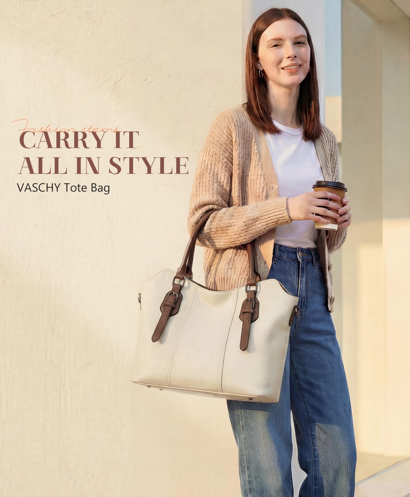 VASCHY Hobo Bags for Women, Vegan Leather Top Handle Satchel Shoulder Purse Handbag Purse with Crossbody Guitar Strap Beige