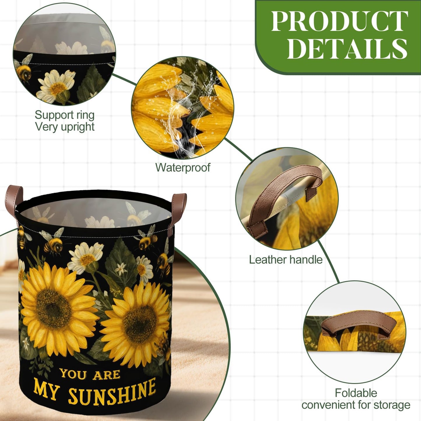 Cmialusie Sunflower Bee Laundry Hamper, You Are My Sunshine Basket