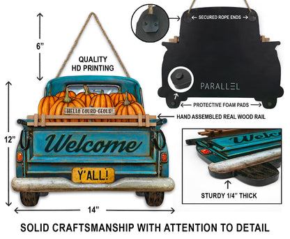 Interchangeable Welcome Sign for Front Door Blue Farmhouse Truck Decor Hanging Sign with 11 Interchangeable Seasonal and Holiday Decor Signs 12x14 in. (Blue Farmhouse Truck)