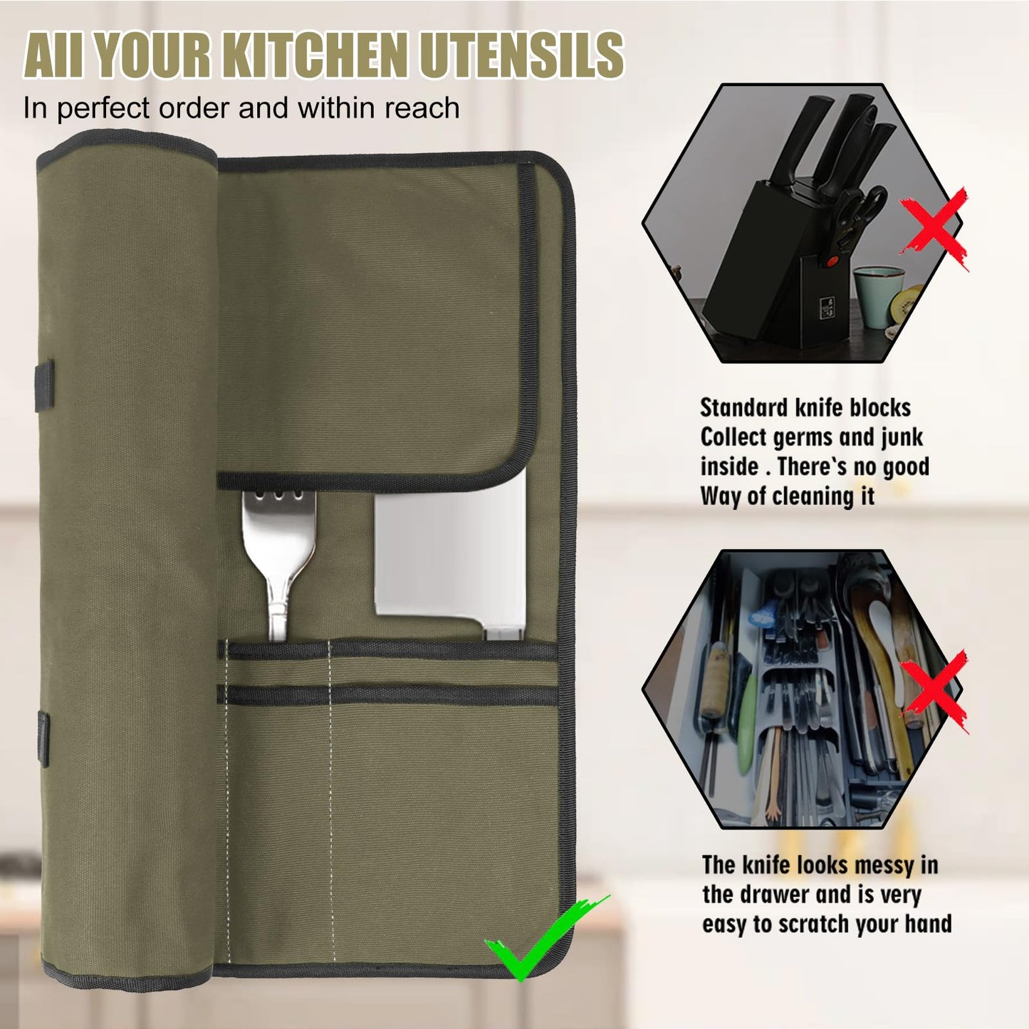QIQU Army Green Chef Knife Bag With 20 Slots Cutlery Knives Holders Protectors, Home Kitchen Travel Cooking Tools, Portable Canvas Knife Roll Storage Bag Chef Case for Camping or Working