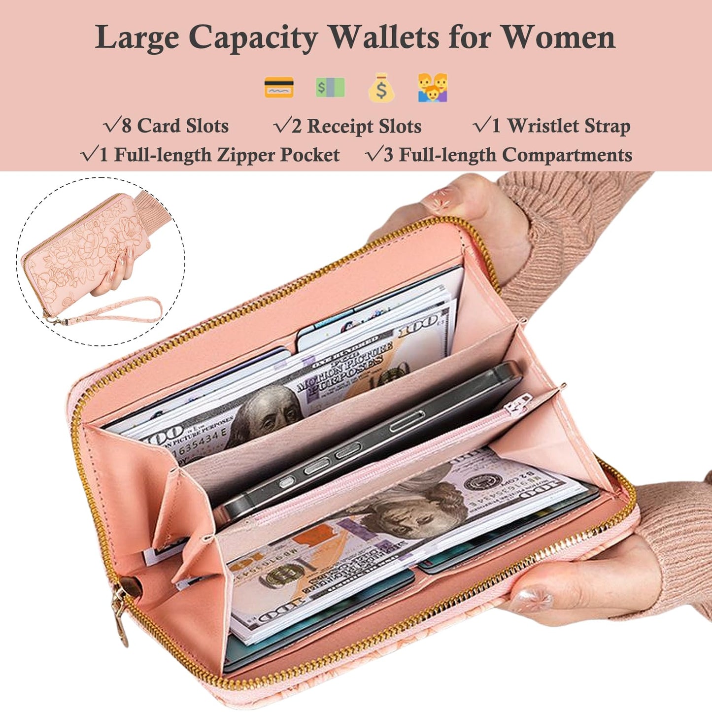Bakurok Womens Wallet RFID Wristlet Wallet for Women Cute Floral Leather Credit Card Holder Wallet Ladies Clutch Long Purses