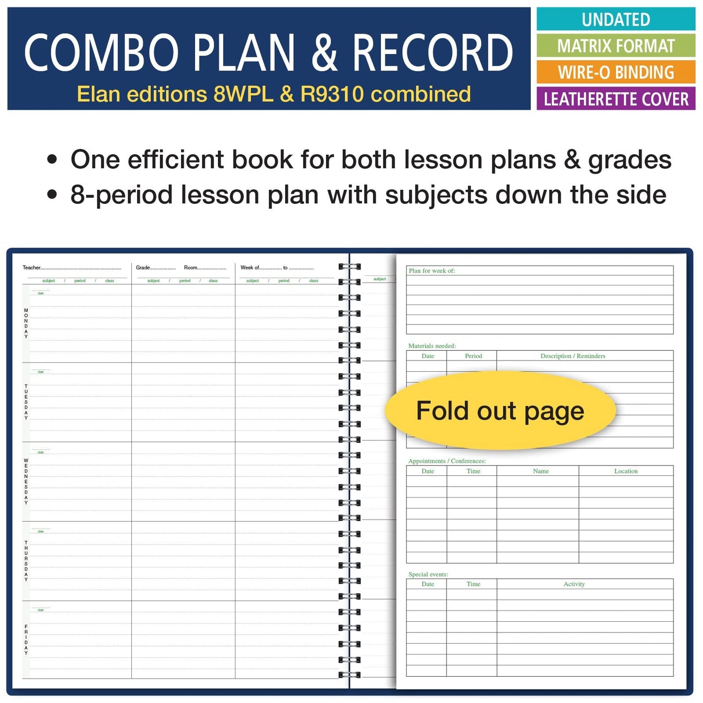Elan Publishing Company Combination Wide Plan and Record Book: One Efficient 8-1/2" X 11" Book for Lesson Plans and Grades Combines 8WPL and R9310 - (WC-8)