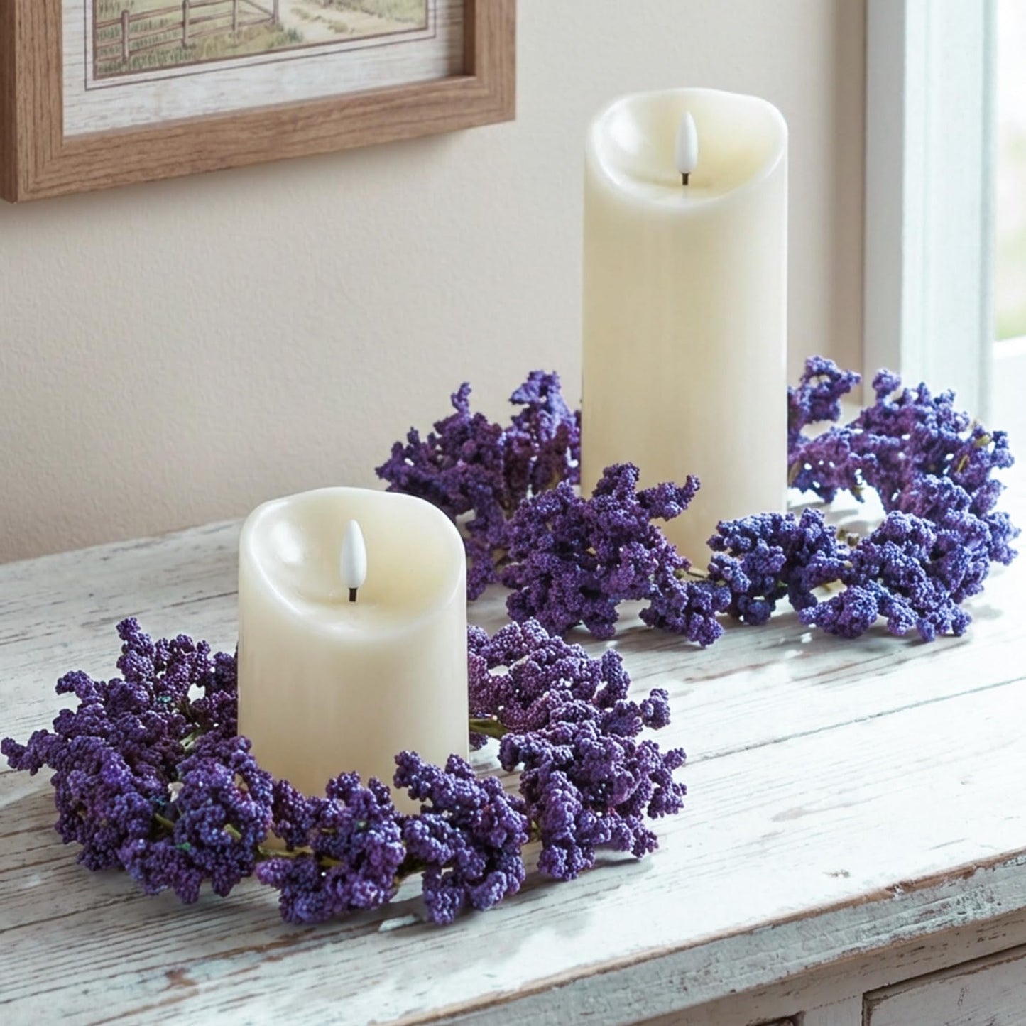 Daifunli 2 Pcs Spring Purple Astilbe Candle Rings Artificial Dark Purple Floral Farmhouse Wreaths for Pillar 3.9 Inch Candles Holder for Spring Summer Rustic Table Centerpiece Decor