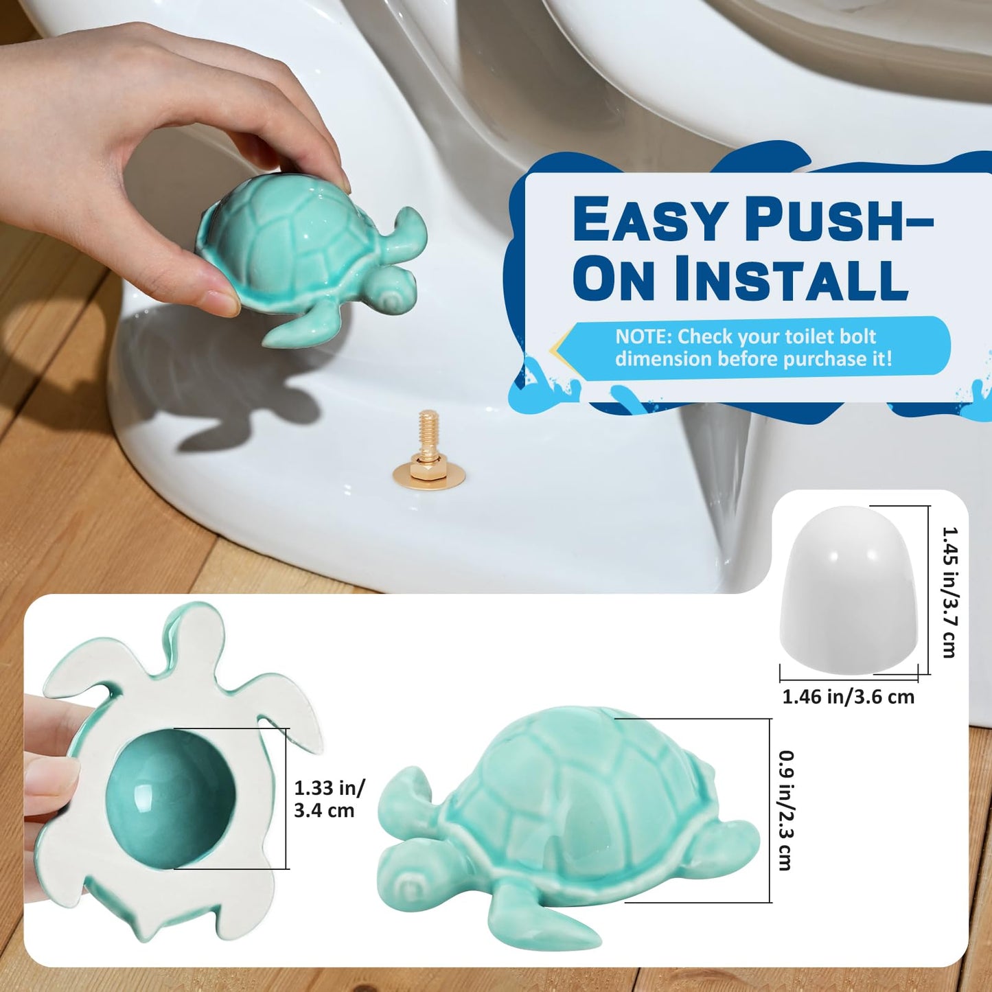 NEEXAN 2 Blue Ceramic Turtle Toilet Bolt Covers Decorative with 4 Universal Toilet Screw Cover Caps, Easy-Install Toilet Caps for Bottom of Toilet, Cute Bathroom Décor & Gift Set