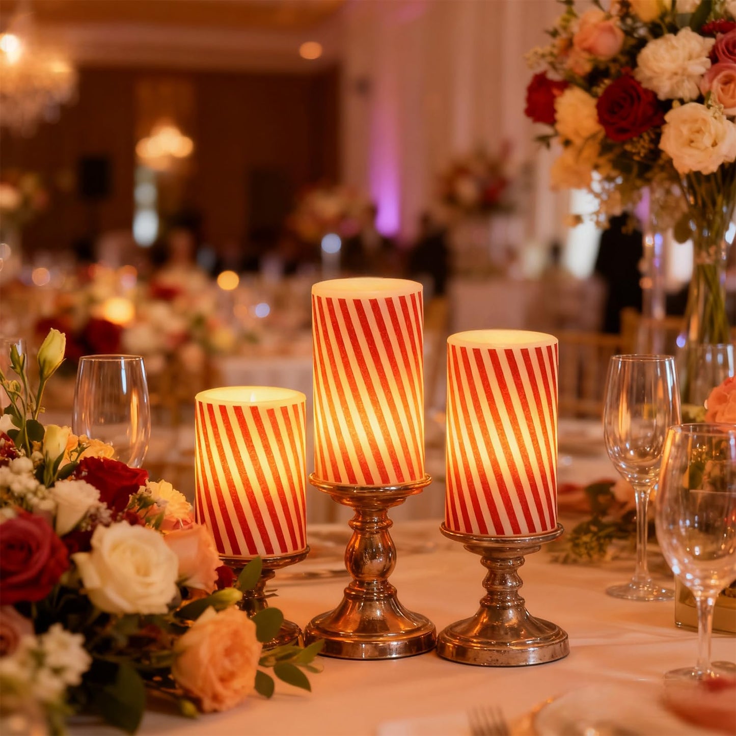 Wondise Christmas Red Stripes Glitter Flickering Flameless Candles with 6H Timer, Battery Operated Pillar Candles, Real Wax LED Candles for Home Christmas Decoration Gift(D3 x H4 x5 x6)