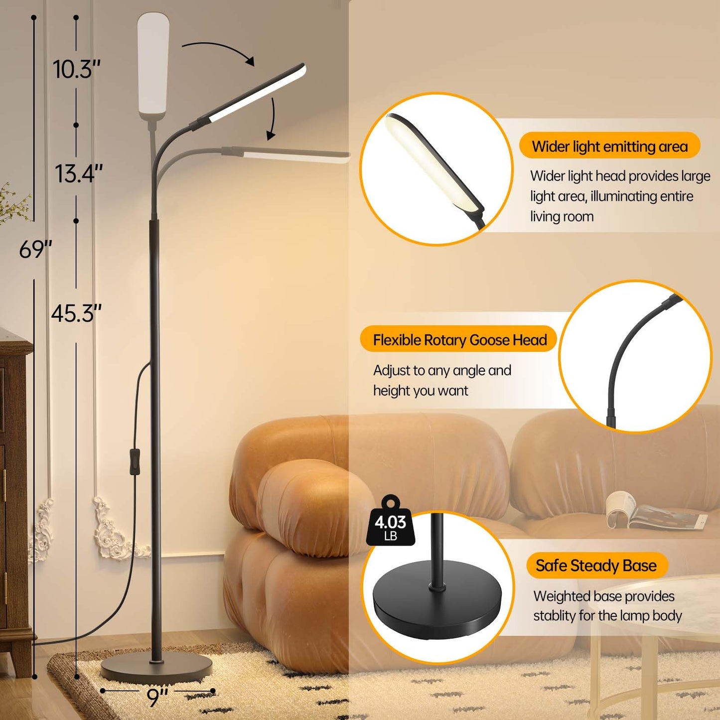 Aisutha LED Floor Lamp, 18W Super Bright Floor Lamp for Living Room, Adjustable Stepless Colors & Brightness Standing Lamp, Eye Caring Reading Light with Remote