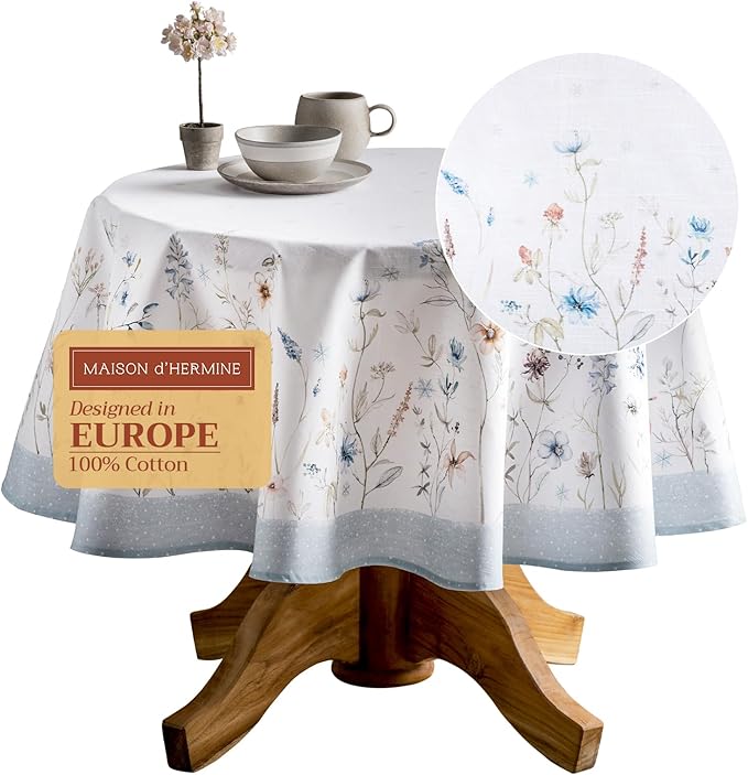 Maison d' Hermine Table Cloth Round Table 100% Cotton 63 Inches Fall Tablecloth Reusable Everyday Use for Thanksgiving Christmas Decorations Dining Farmhouse Party (Ice Florals)