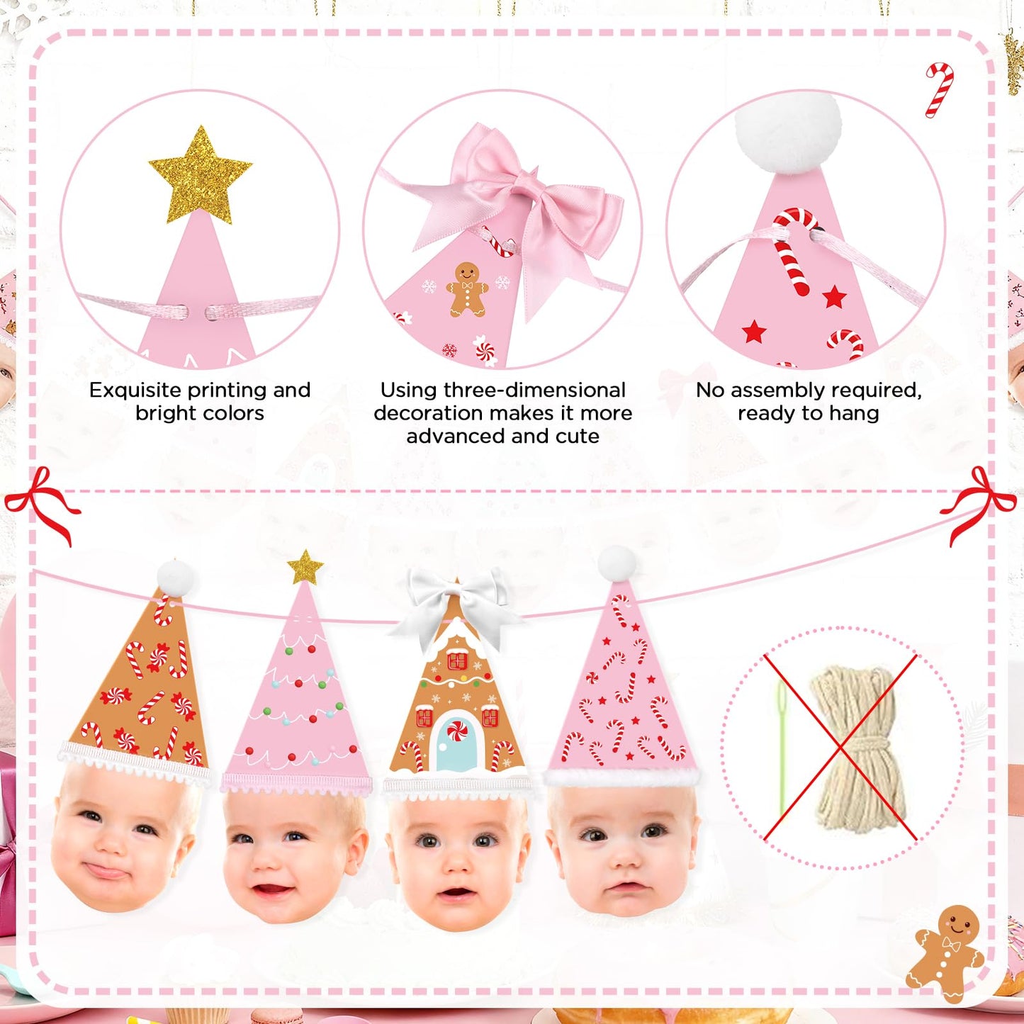 K KUMEED Custom Face Christmas Banner,Bow Birthday Photo Banner from Newborn to 12 Months Gingerbread Christmas Hat Theme Monthly Milestone Photograph Bunting Garland