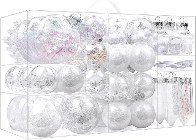 SHareconn 86PCS Christmas Balls Ornaments Set,Shatterproof Plastic Clear Decorative Baubles for Xmas Tree Decor Holiday Wedding Party Decoration, White