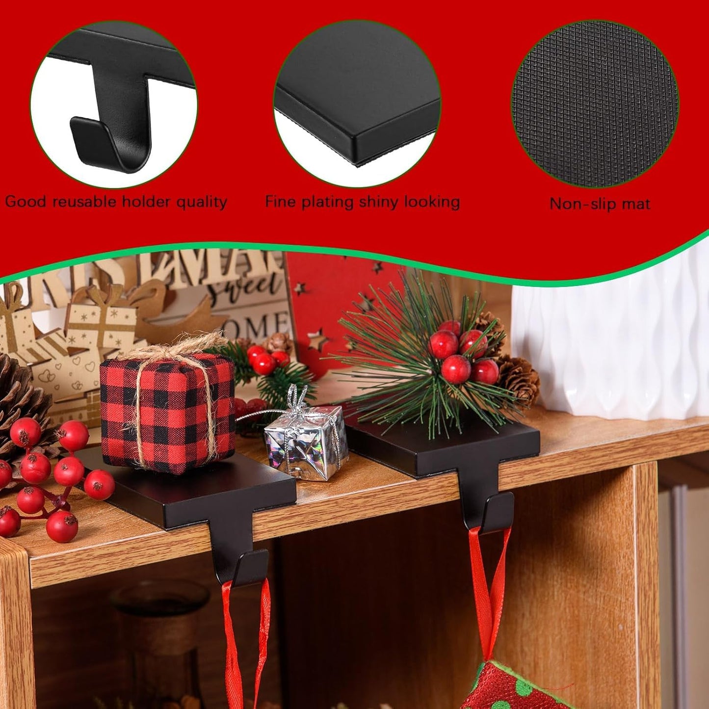 ARCHCRTC 4 Pcs Christmas Stocking Holders Hanging Hooks Heavy Duty Mantel Stocking Holder Bases Weighted Metal Stocking Hangers for Shelf Fireplace Stair Xmas Party Decor (4, Black)