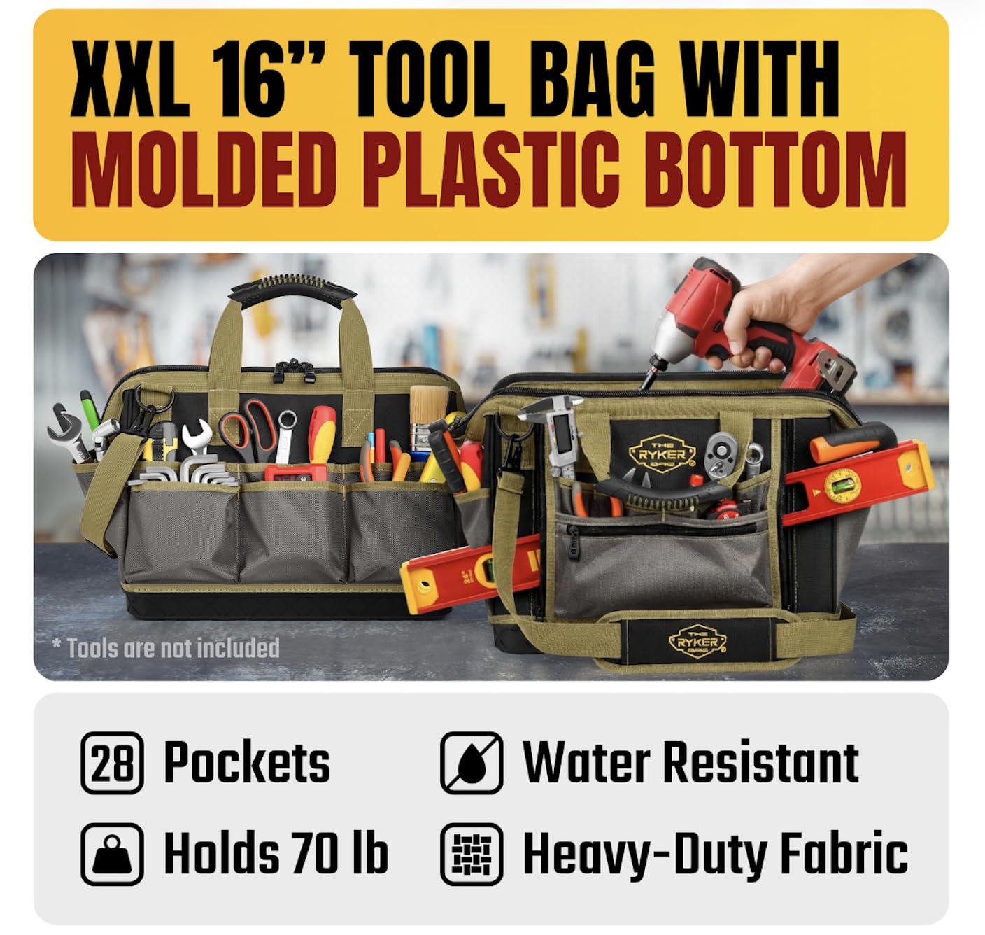 The Ryker Bag 16-inch Large Heavy Duty Wide Mouth Tool-Bag Organizer with Maximum Storage, Portable Utility Bag for Tools, Gift for Dads, Contractors, Mechanics, Technicians, Handyman & Welders