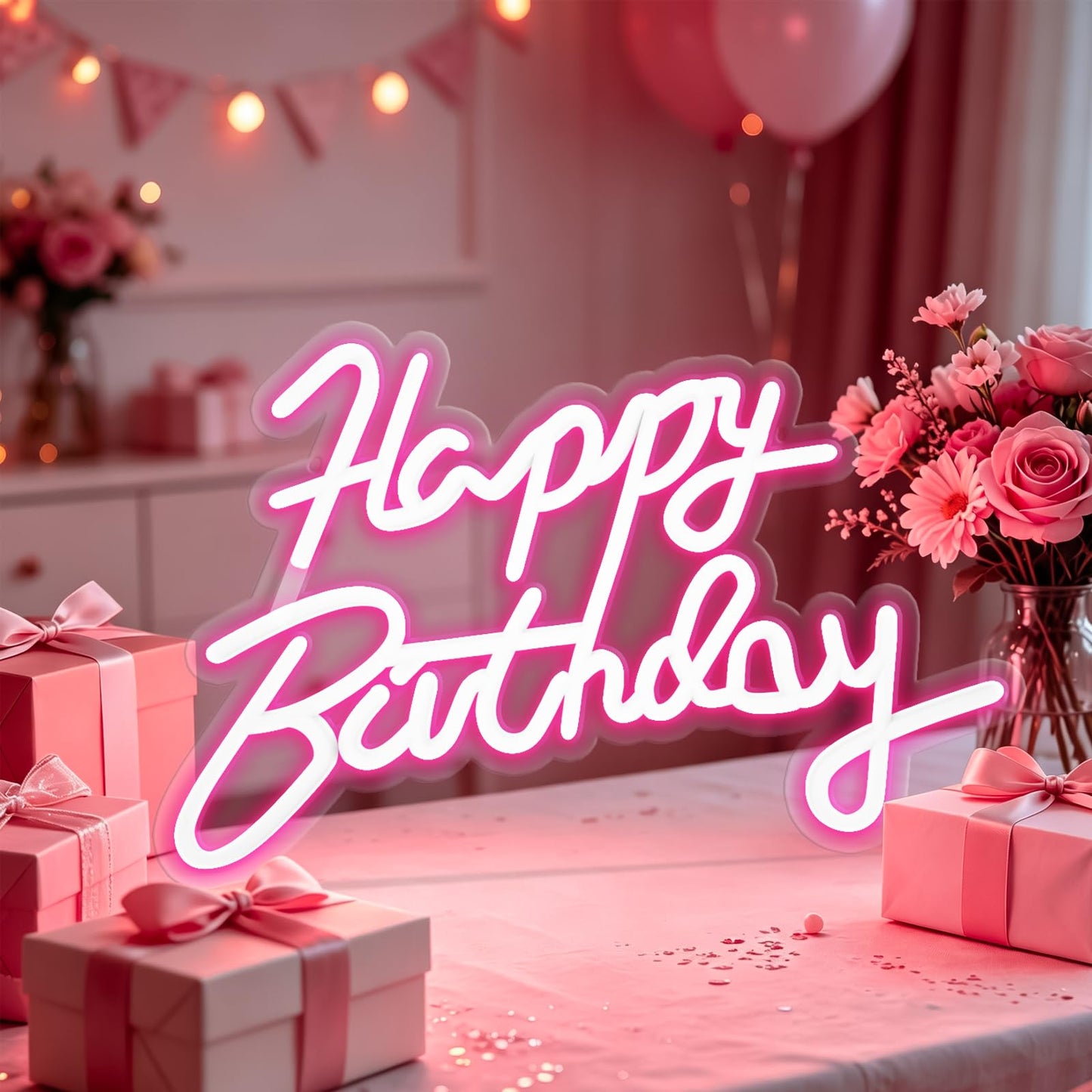 Miootly Happy Birthday Neon Sign for Wall Party Decor, LED Happy Birthday Light up Sign for Backdrop, 16"x 11" USB Powered 10 Brightness Settings Light up Signs Party Decorations Backdrop, Pink