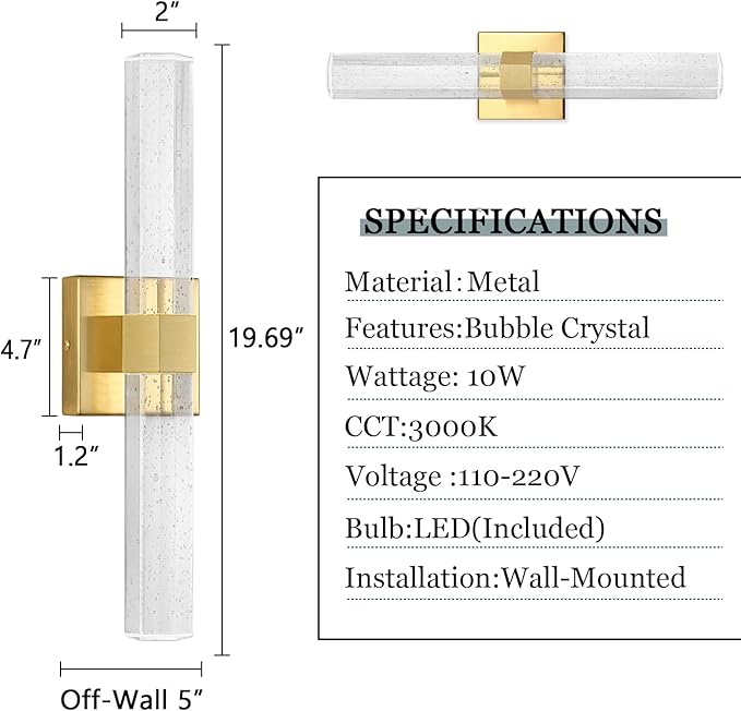 Set of 2 Gold LED Wall Sconce Lights Warm Light Modern Crystal Wall Lights Vanity Lighting Fixtures Sconces for Bathroom Living Room Bedroom Dining Room Hallway