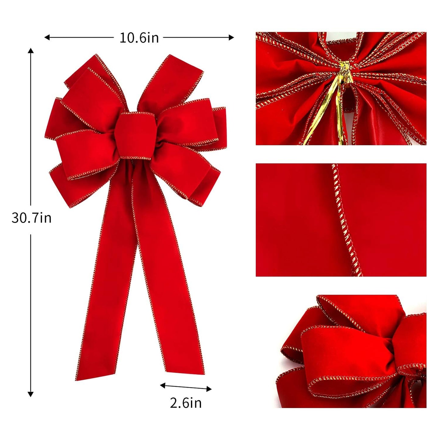 Iceyyyy 6 PCS Large Christmas Bow - 30.7" x 10.6" Christmas Valentine's Day Golden Edged Red Velvet Wreath Bow Christmas Tree Topper Ornament Bow for Christmas Home Wreath Tree Decoration