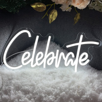 Neon Sign The Celebrate for Wall Decor Custom Light Up Sign Indoor Bedroom Home Decor LED Neon Light Sign Large Backdrop Flex Birthday Wedding Christmas Living Room Business Gift,White 40×18.7 CM