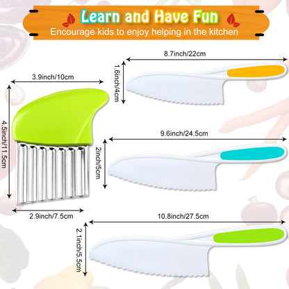 TAORISH 4 Pcs Kids Knife Set, Kids Kitchen Knife with Crinkle Cutter, Serrated Edges Plastic Toddler Chef Knife for Real Cooking & Cutting Fruit Bread