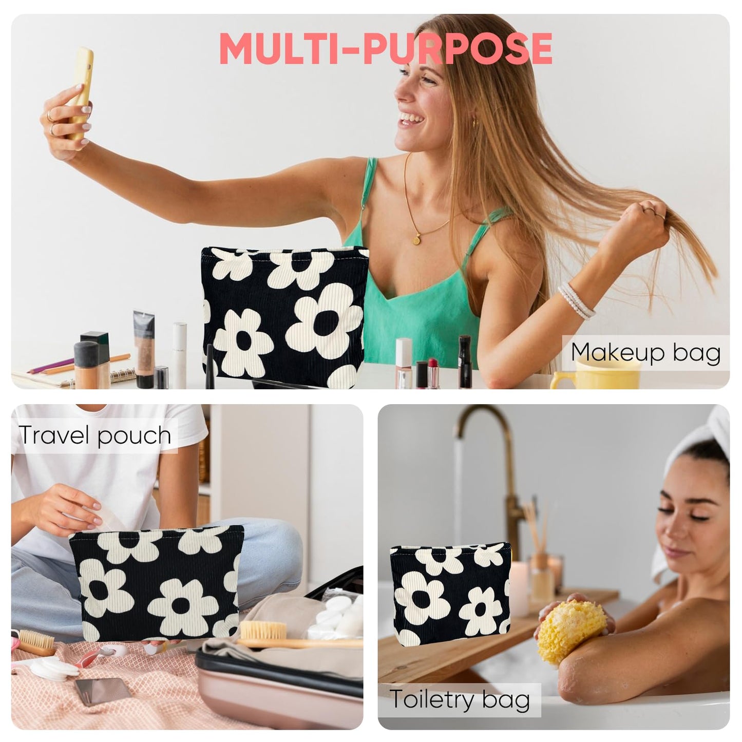 Ksriylm Cute Makeup Pouch for Women Flower Small Make Up Bag for Purse Zipper Initial Cosmetic Bags Pouches for Purse Aesthetic Travel Toiletrybags Gift,Black White Floral