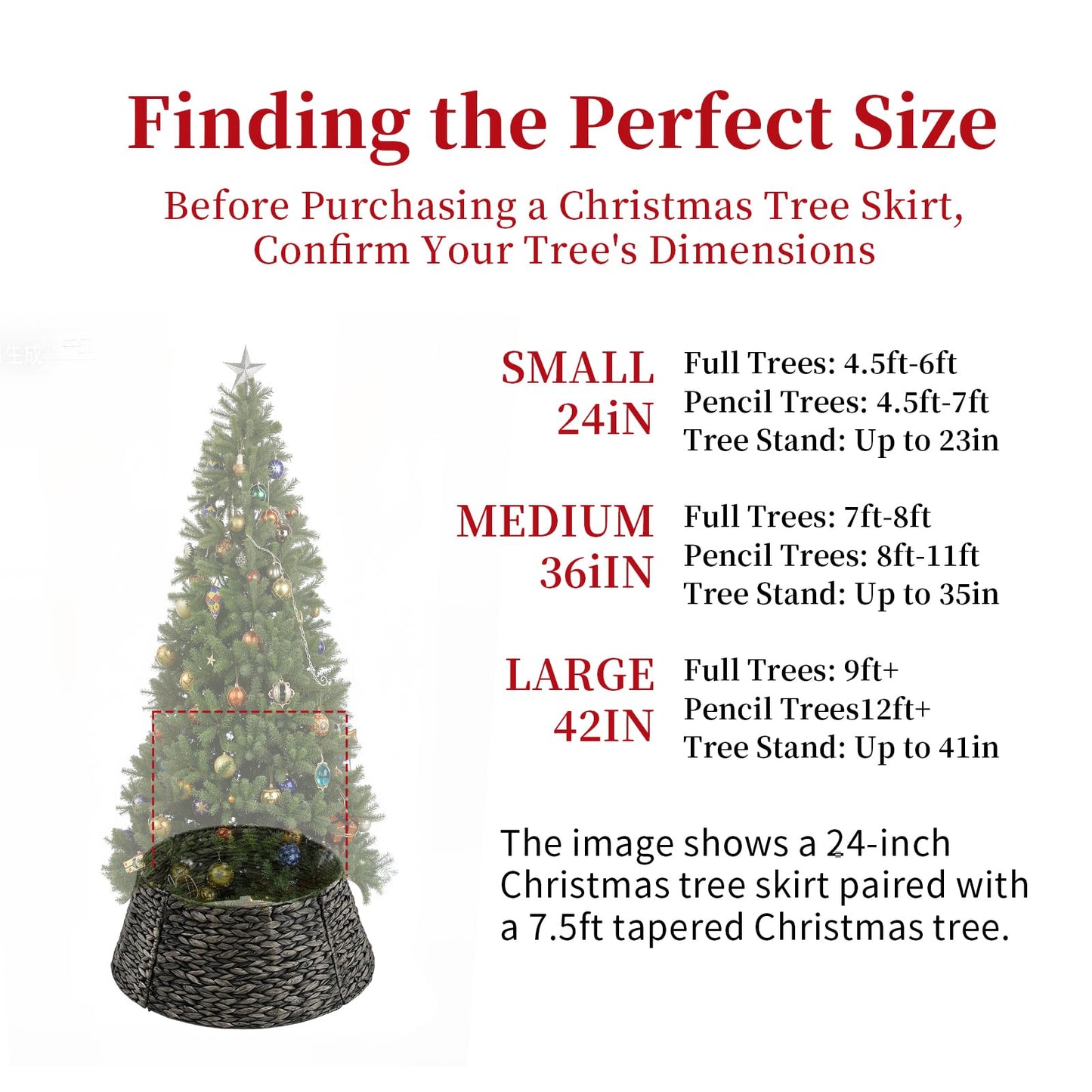 DUMOS 24in Christmas Tree Collar for 4-7ft Trees, Handcrafted Woven Hyacinth Rattan 4-Panel w/Cord Access Hole & Easy Lock Design, Holiday Decor, Black
