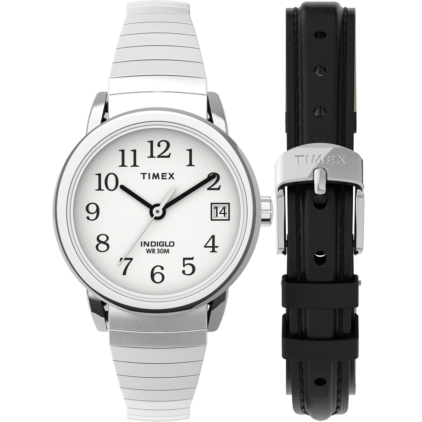 Timex Women's Easy Reader 25mm Watch Box Set – Silver-Tone Case White Dial with Tapered Expansion Band + Black Leather Strap