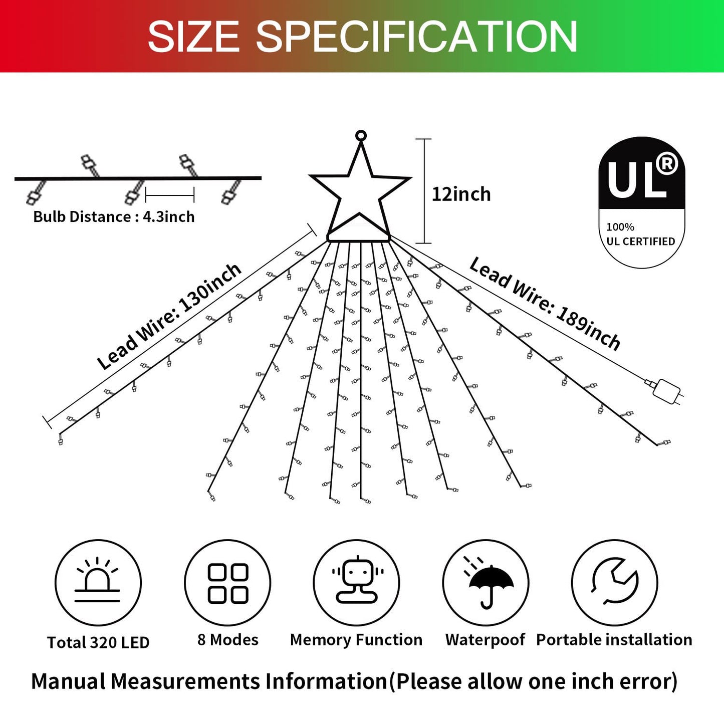 PUHONG Christmas Decoration Outdoor Star String Lights,320 LED Christmas Lights[8 Modes & Waterproof], Lighted Christmas Star for Halloween Xmas New Year Holiday (IronStar-Red+Green)