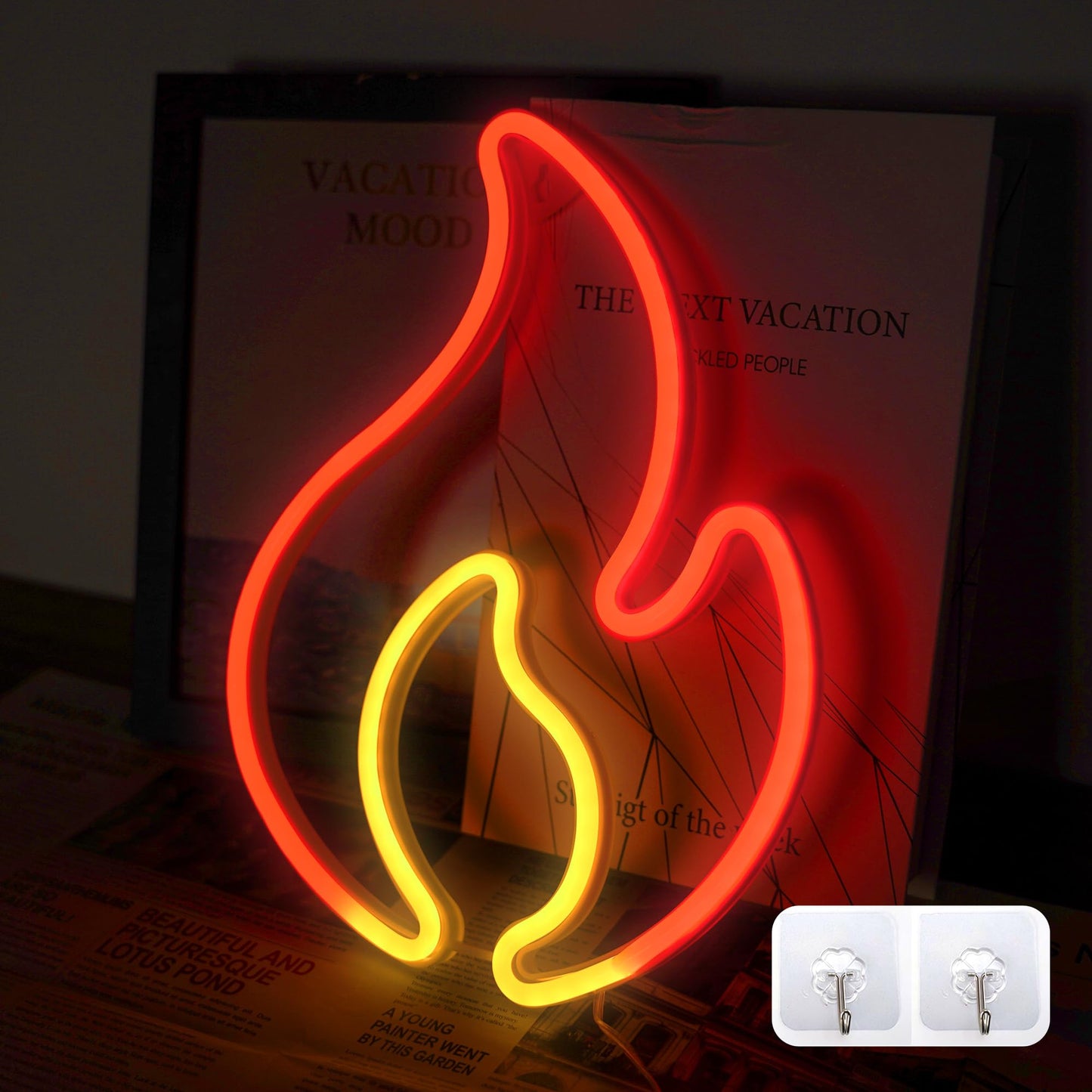 Fire Flame Neon Sign, Flame Led Light Sign for Wall Decor, Hanging Flaming Fire Neon Light, USB or Battery Powered Fire Neon Sign for Home, Bedroom Wall Décor, Party, Bar, Christmas Birthday Gift