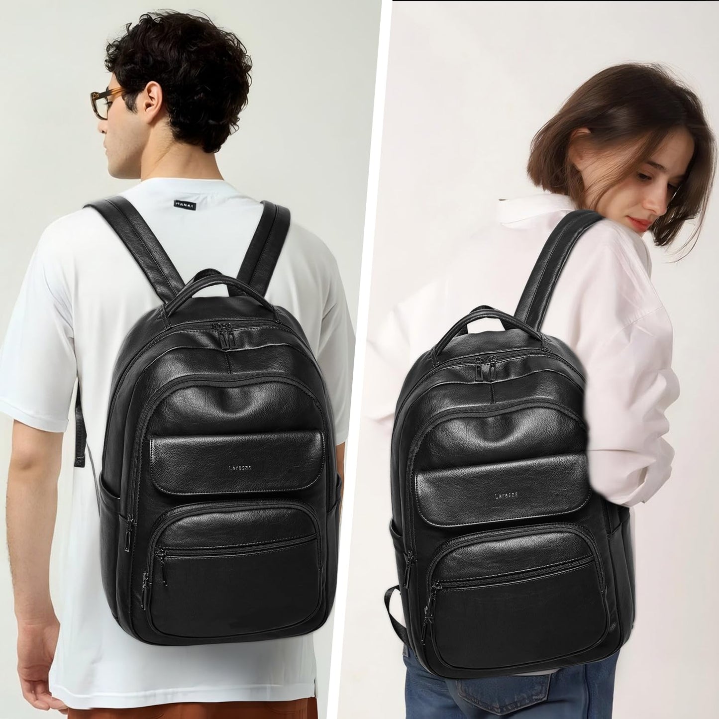 Leresas 37L Backpack Purse for Women Mens Work Travel Teacher Back Pack Laptop Business Vegan Leather Backpack Fashion College Computer Bag Black