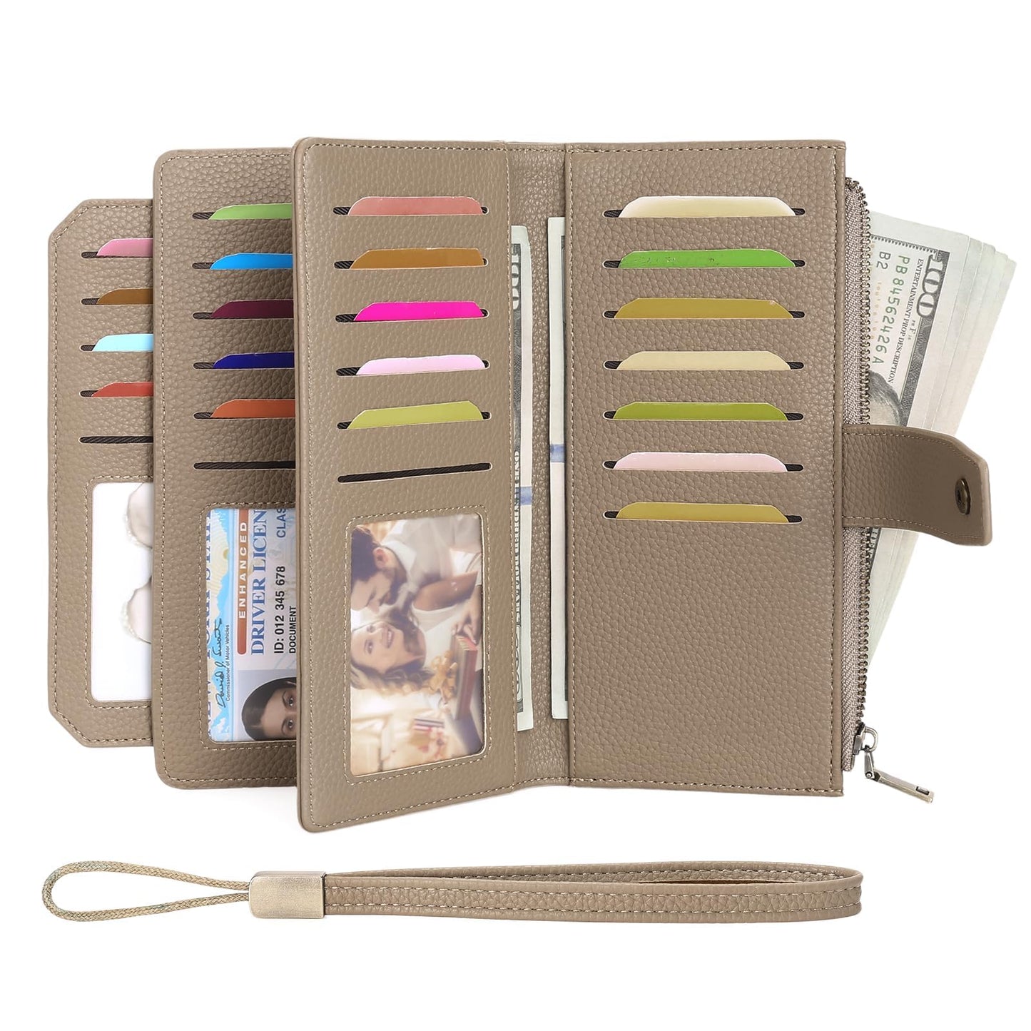 GAEKEAO Womens Wallet RFID Blocking Large Capacity Vegan Leather Card Holder Wristlet Clutch with 32 Card Slots 4 ID Windows