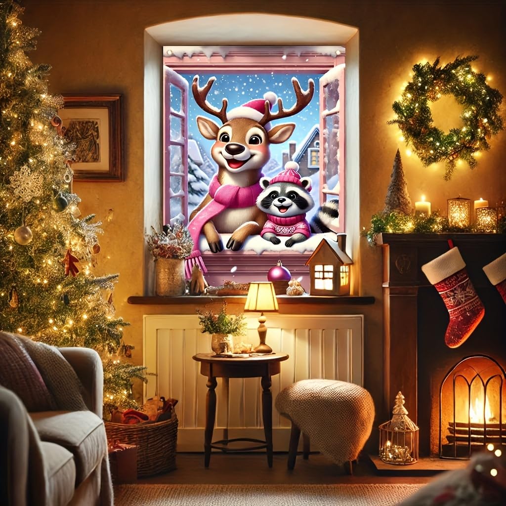 Tomhong Christmas Reindeer and Raccoon Window Banner 31x47 Inch Snowy Scene Holiday Decoration for Indoor Outdoor Home Wall or Window Display Cozy Christmas Decor