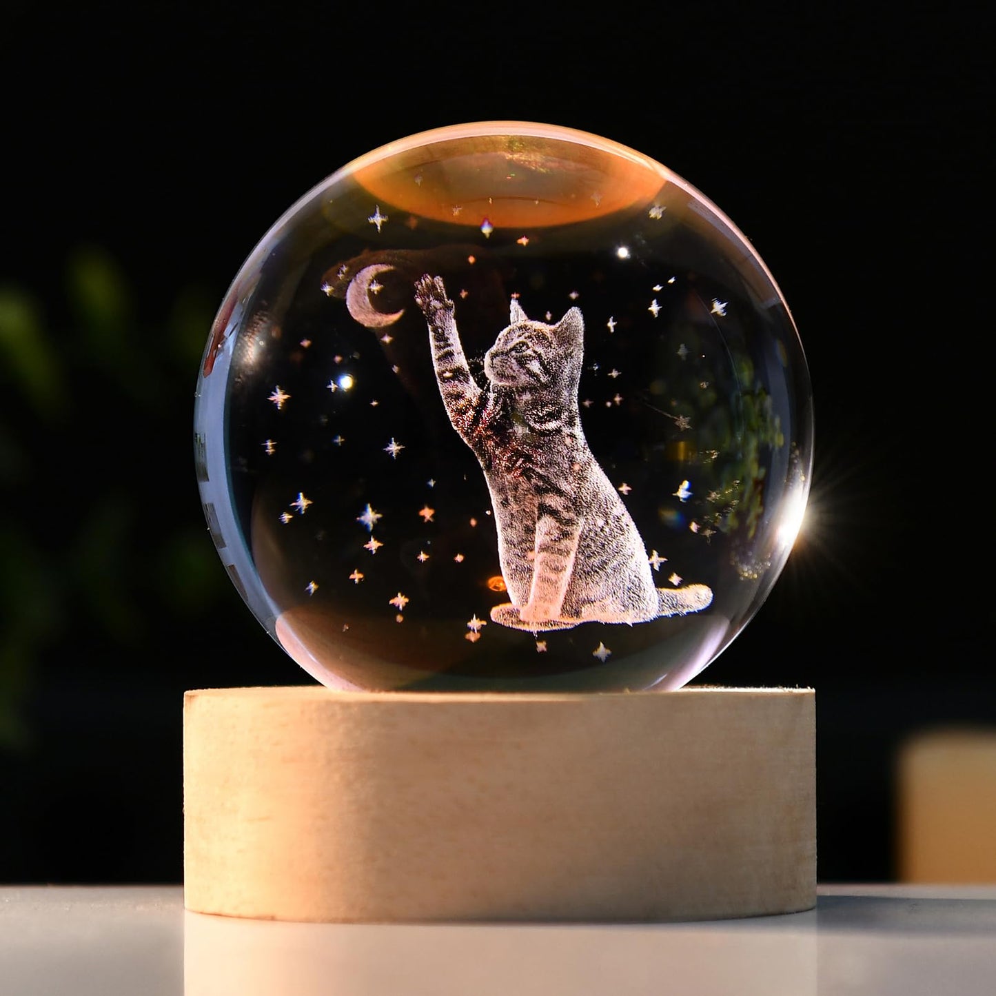 IFOLAINA 3D Cat Themed Gifts for Women Friends Cat Lovers Presents 2.36" Engraved Crystal Ball with Wooden Light Base Crystal Pet Sphere Decor