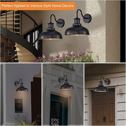 Outdoor Gooseneck Barn Lights, Farmhouse Outdoor Wall Sconces, Rustic Exterior Wall Mount Lights, Vintage Outside Lighting Fixtures, Industrial Black Gold Lanterns for Porch Garage Patio, 2 Pack