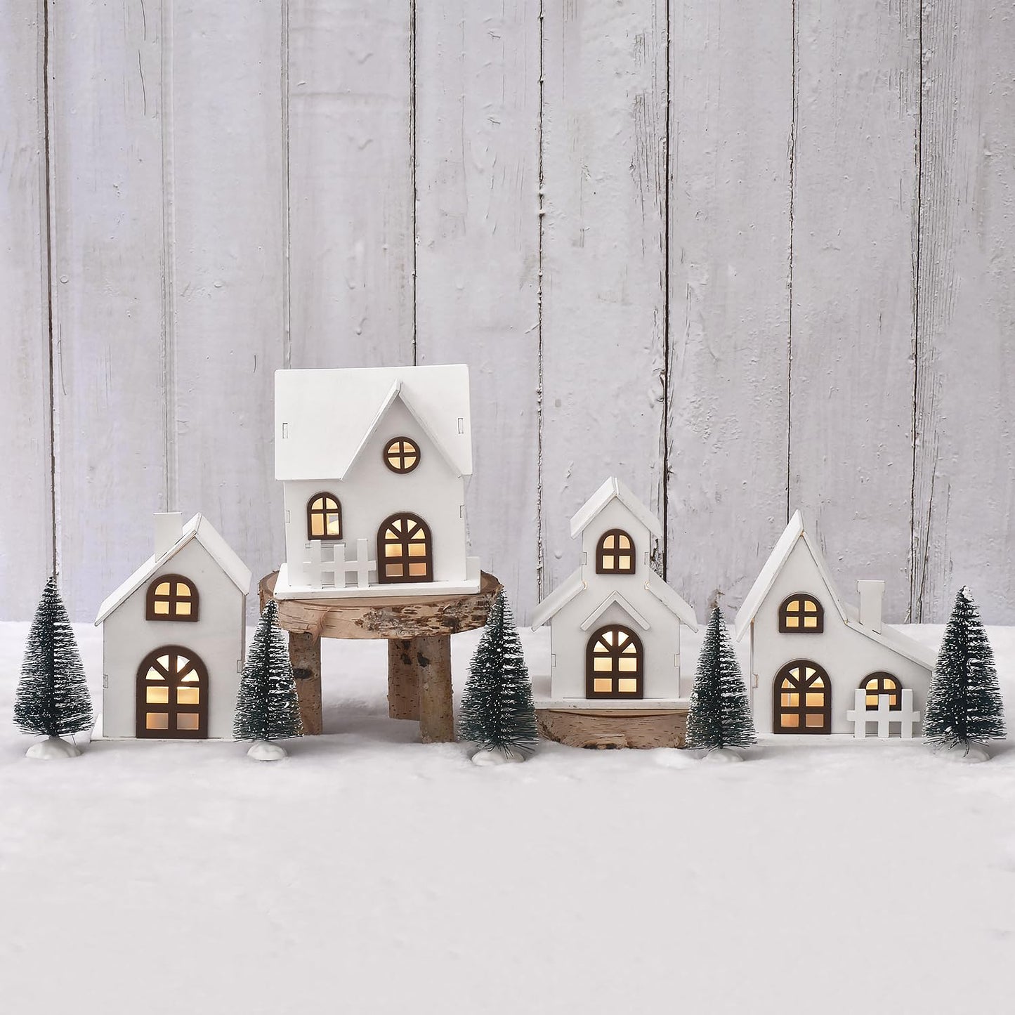 Ovootok Wood & Plastic Christmas Sculpture Set, 9pcs, Including 4 LED Lighted Houses and 5 Frosted Trees for Tabletop Mantel Décor
