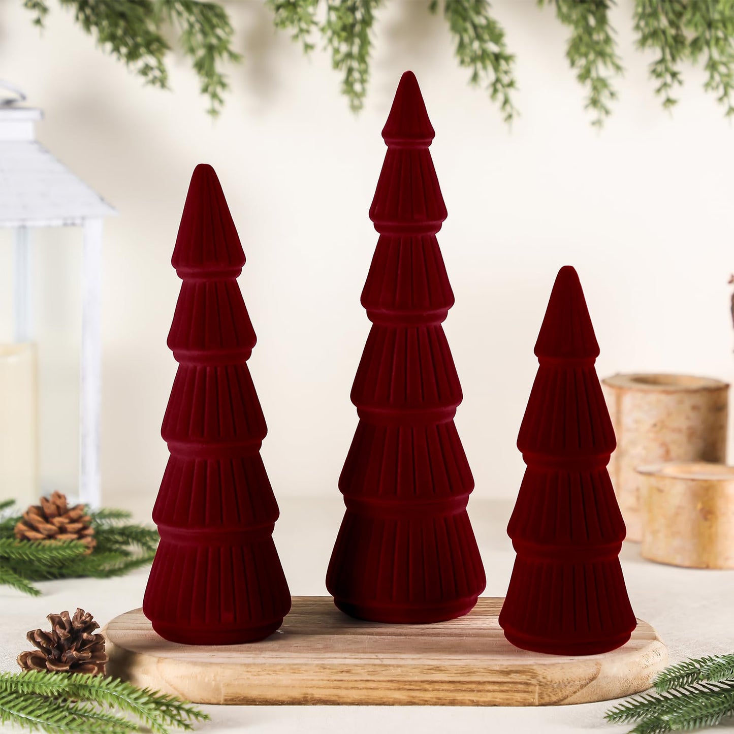 Bucherry 3 PCS Velvet Christmas Tree Figurines Decoration - 8" 10" 14" Modern Cone Christmas Tabletop Home Rustic Centerpiece Set for Winter Holiday Mantel Entryway Party Decor(Burgundy)