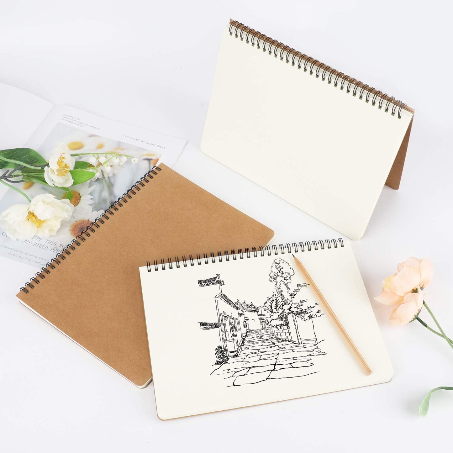EUSOAR Spiral Blank Notebooks, B5 3 packs 7.3"x10.2" Unlined Travel Writing Notebooks Journal, Memo Notepad Sketchbook, Students College Office Business Subject Diary Spiral Book Journal-Kraft Cover