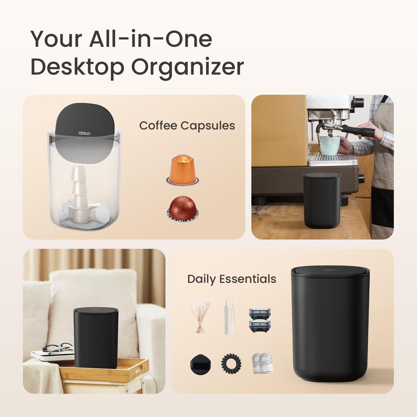 Cesun Mini Desktop Trash Can with Swing Lid, 0.4 Gallon Small Desk Trash Can, Countertop Wastebasket, Modern Tiny Tabletop Bin for Home Office, Makeup Area, or Car Interior (Black)