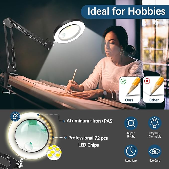 15X &10X Magnifying Glass with Light, 4.3" Real Glass LED Desk Lamp with Clamp, Adjustable Arm Magnifying Lamp, 3 Color Modes Stepless Dimmable Lighted Magnifier Hands Free for Close Work, Crafts