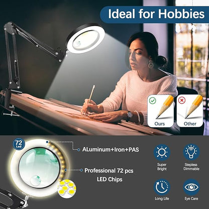 15X &10X Magnifying Glass with Light, 4.3" Real Glass LED Desk Lamp with Clamp, Adjustable Arm Magnifying Lamp, 3 Color Modes Stepless Dimmable Lighted Magnifier Hands Free for Close Work, Crafts