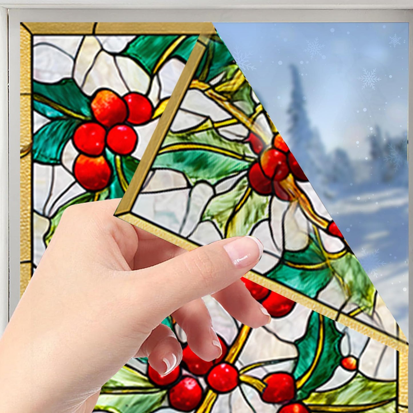 Nuxovilar Stained Glass Christmas Window Films, 17.5×39.7inch, Holiday Static Decorations for Seasonal Ambiance in Living Room, Office or Storefront - Red Mosaic Christmas Tree with Gold Star -Sparkle